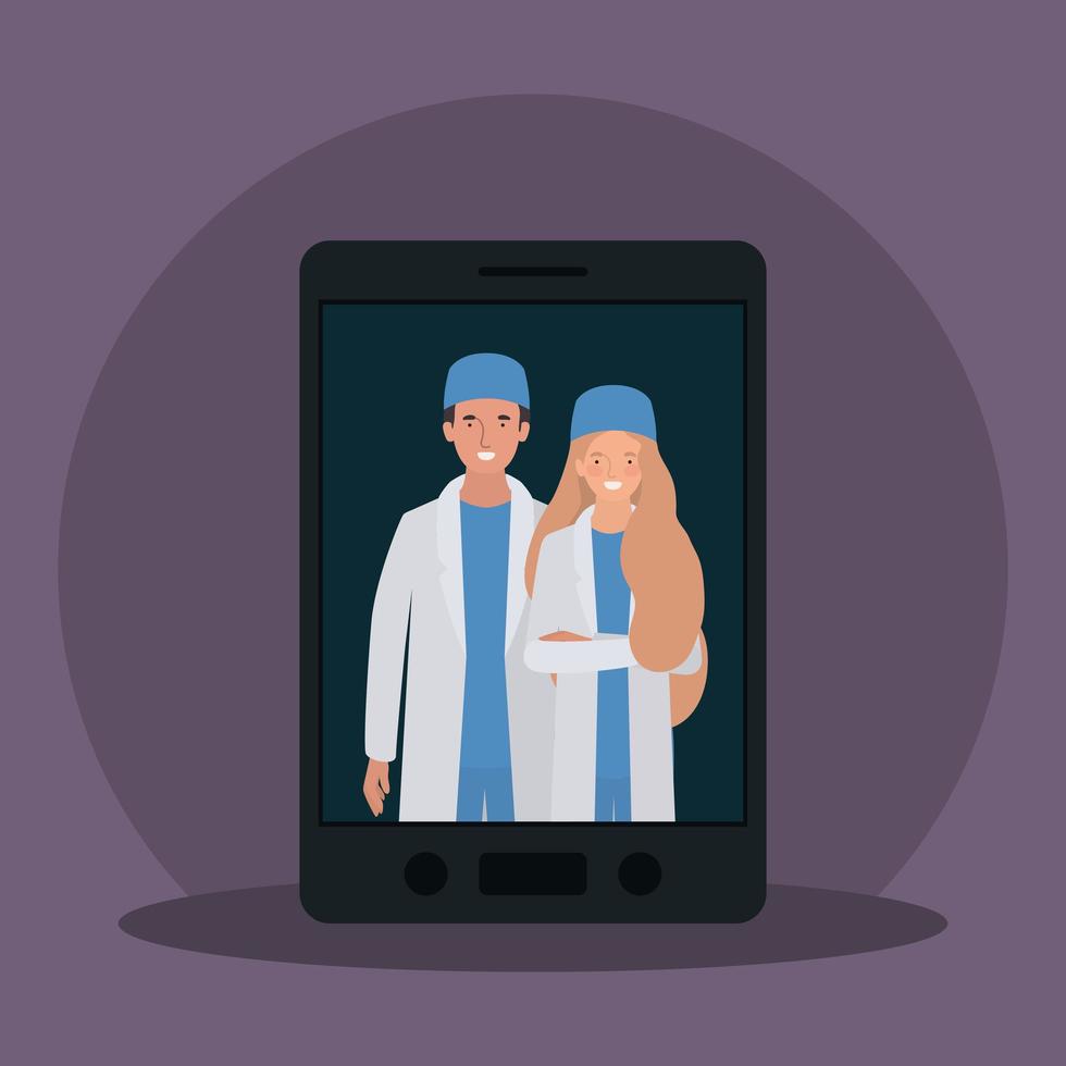 Man and woman doctor with uniforms and hats vector