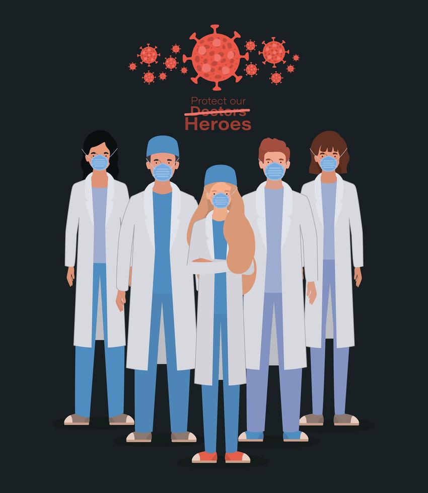 Women and men doctors heroes with uniforms and masks vector
