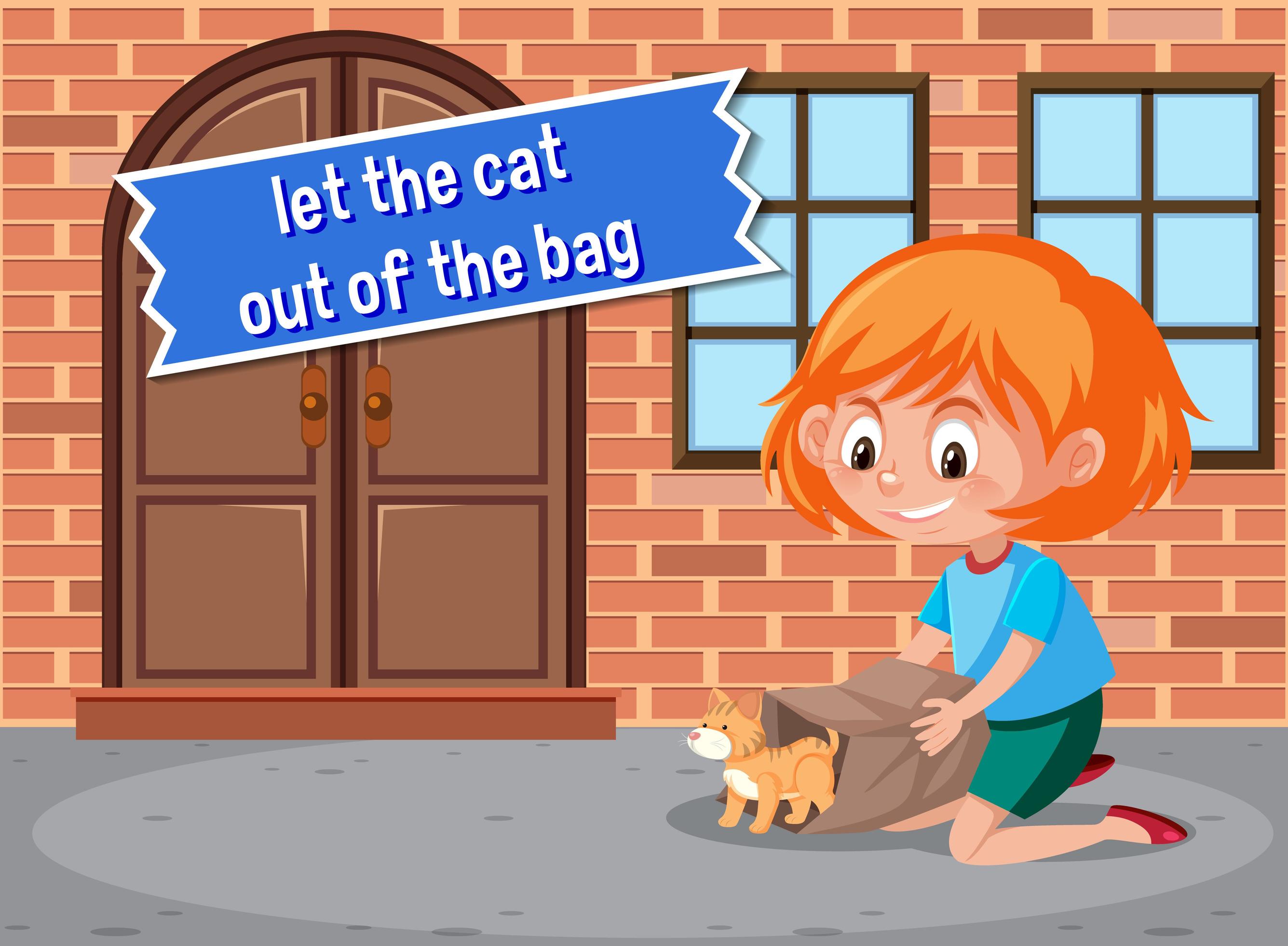 English idiom let the cat out of the bag 1783891 Vector Art at Vecteezy