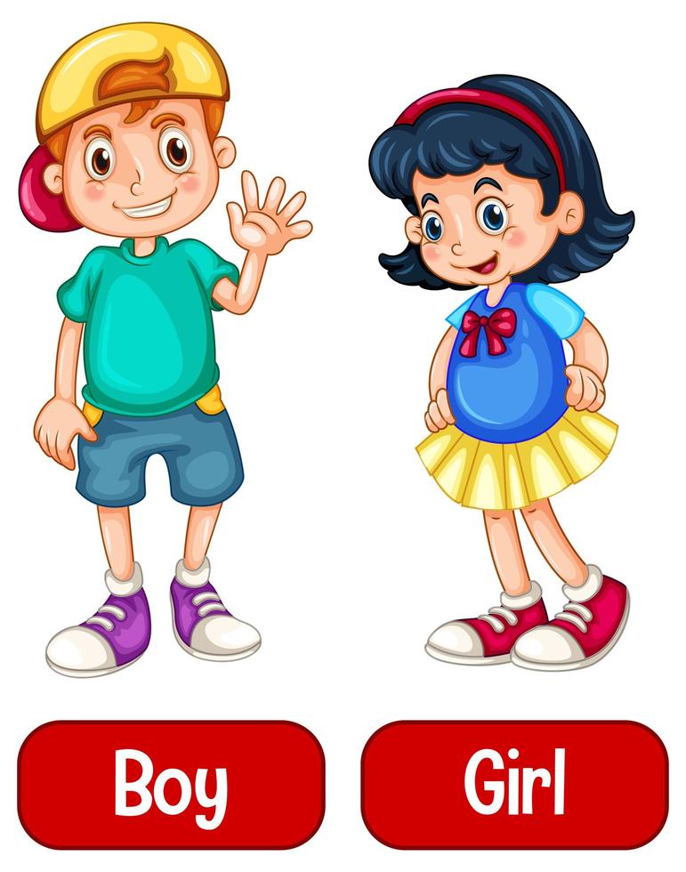 Opposite adjective words with boy and girl vector