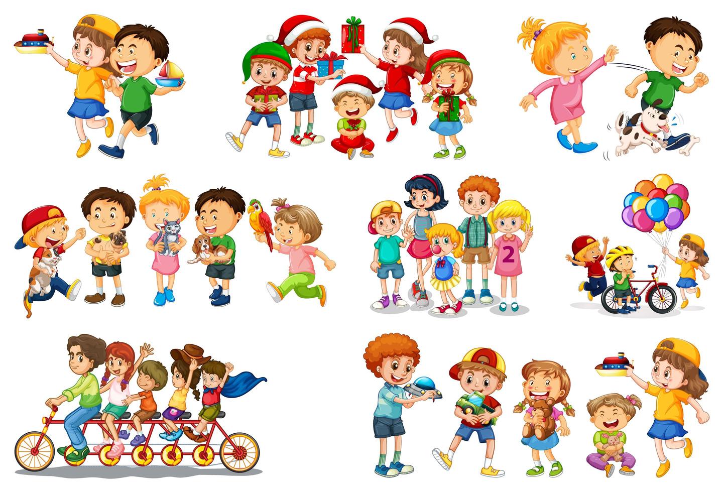 Conjunto de diferentes niños jugando con sus juguetes. vector