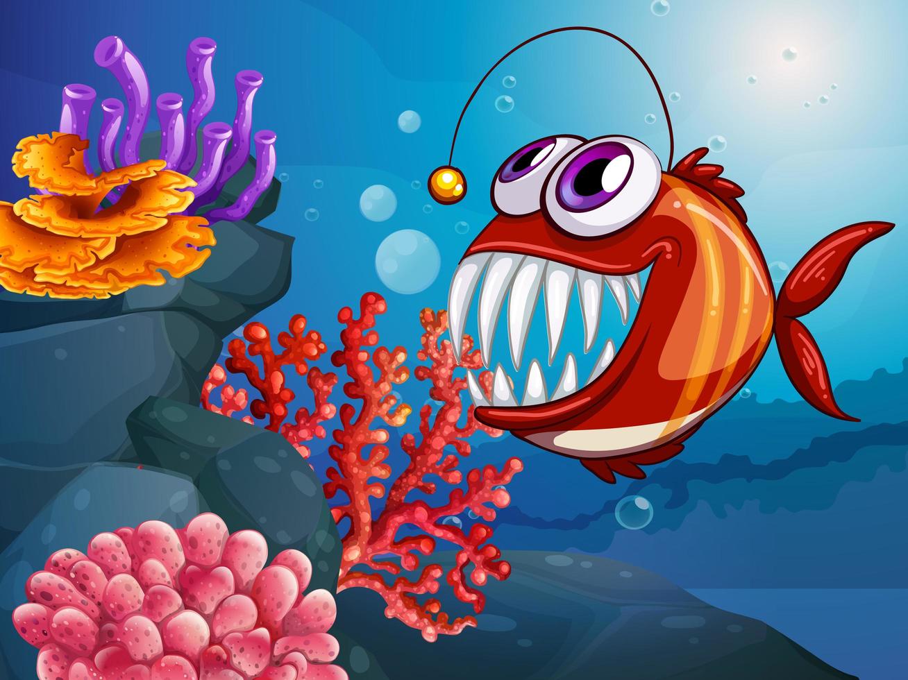 Angler fish in the underwater scene with corals vector