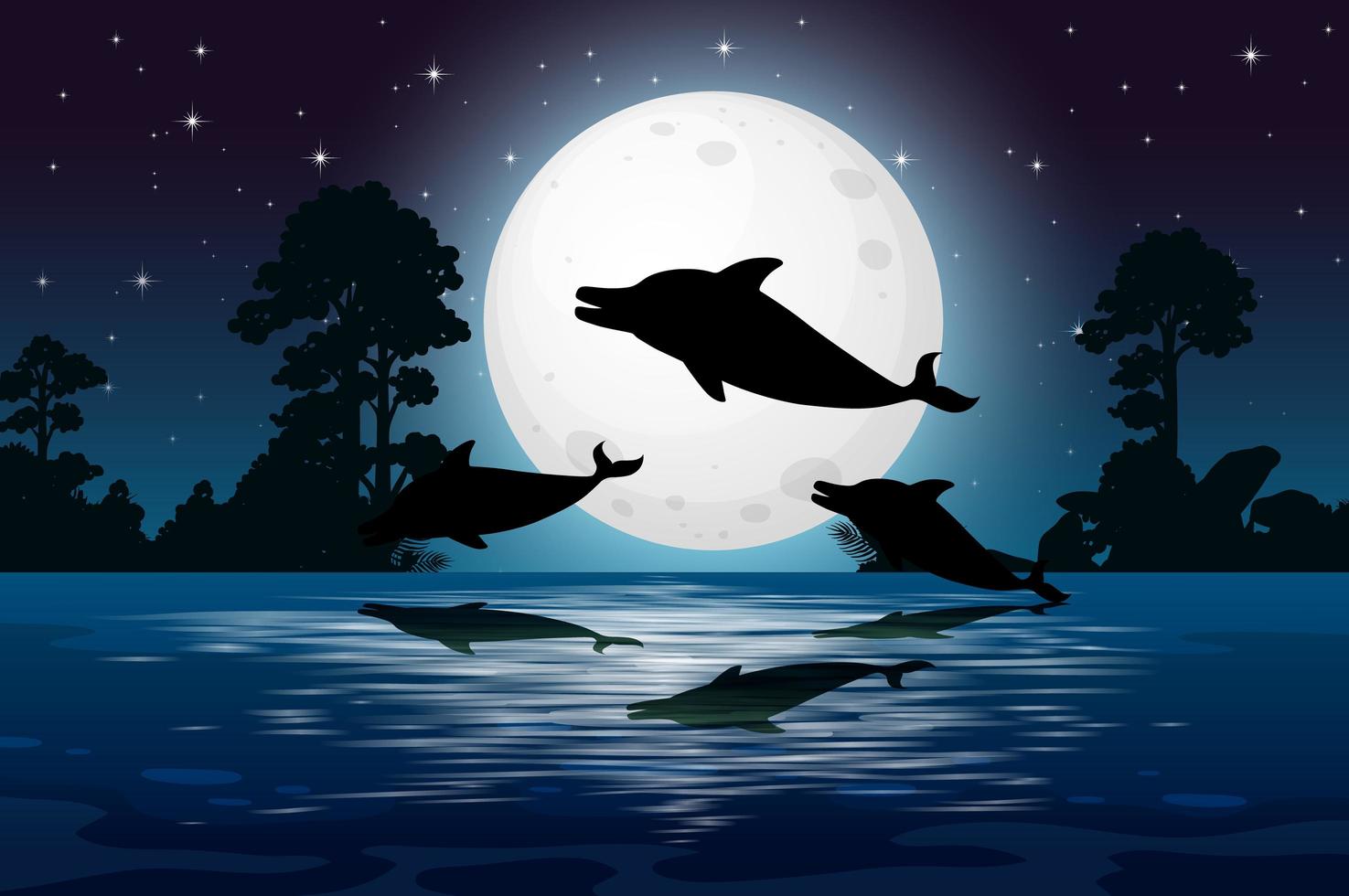 delfines en la naturaleza escena silueta vector