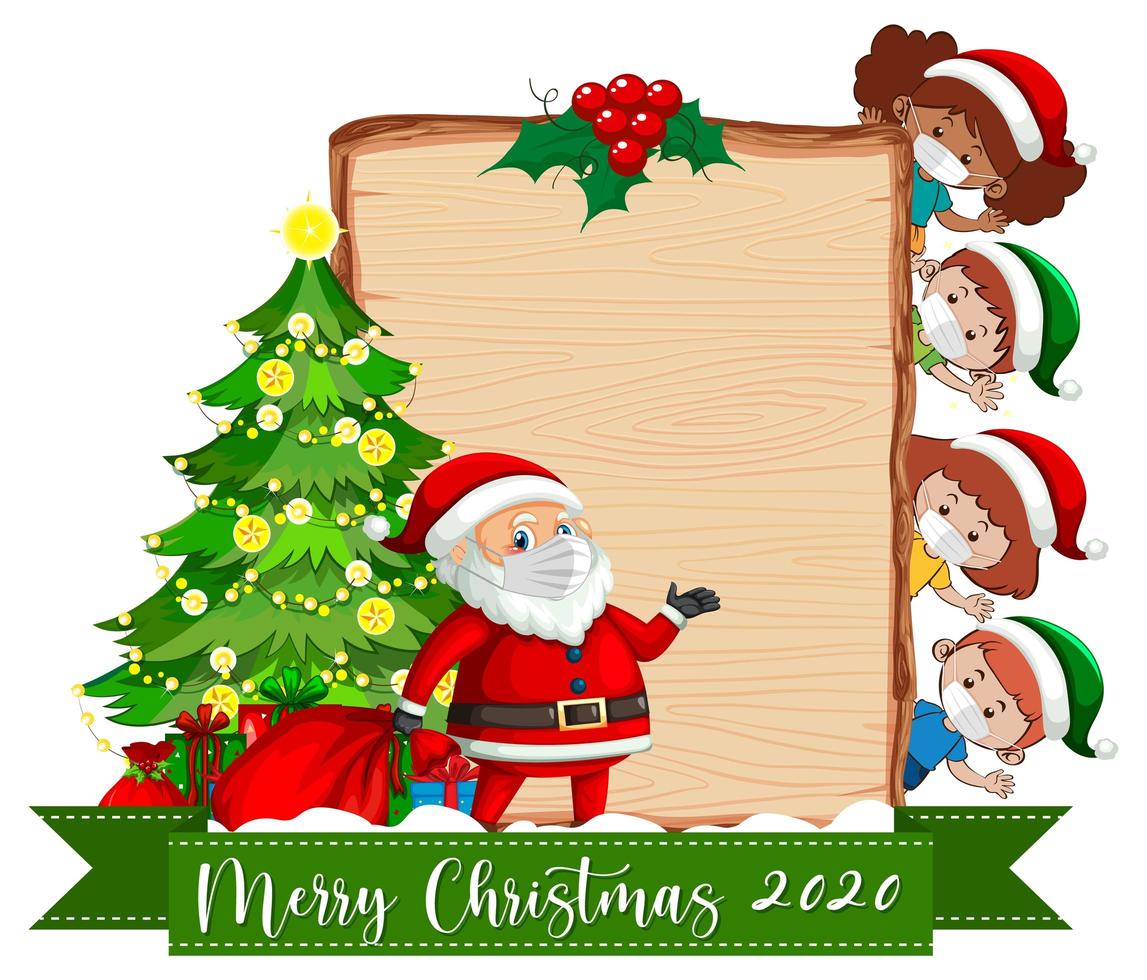 Blank wooden board with Santa and masked children vector