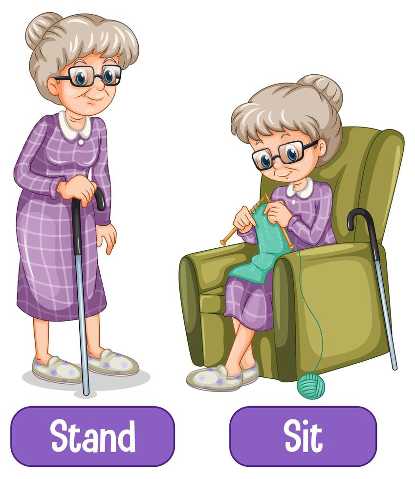 Opposite words with stand and sit vector