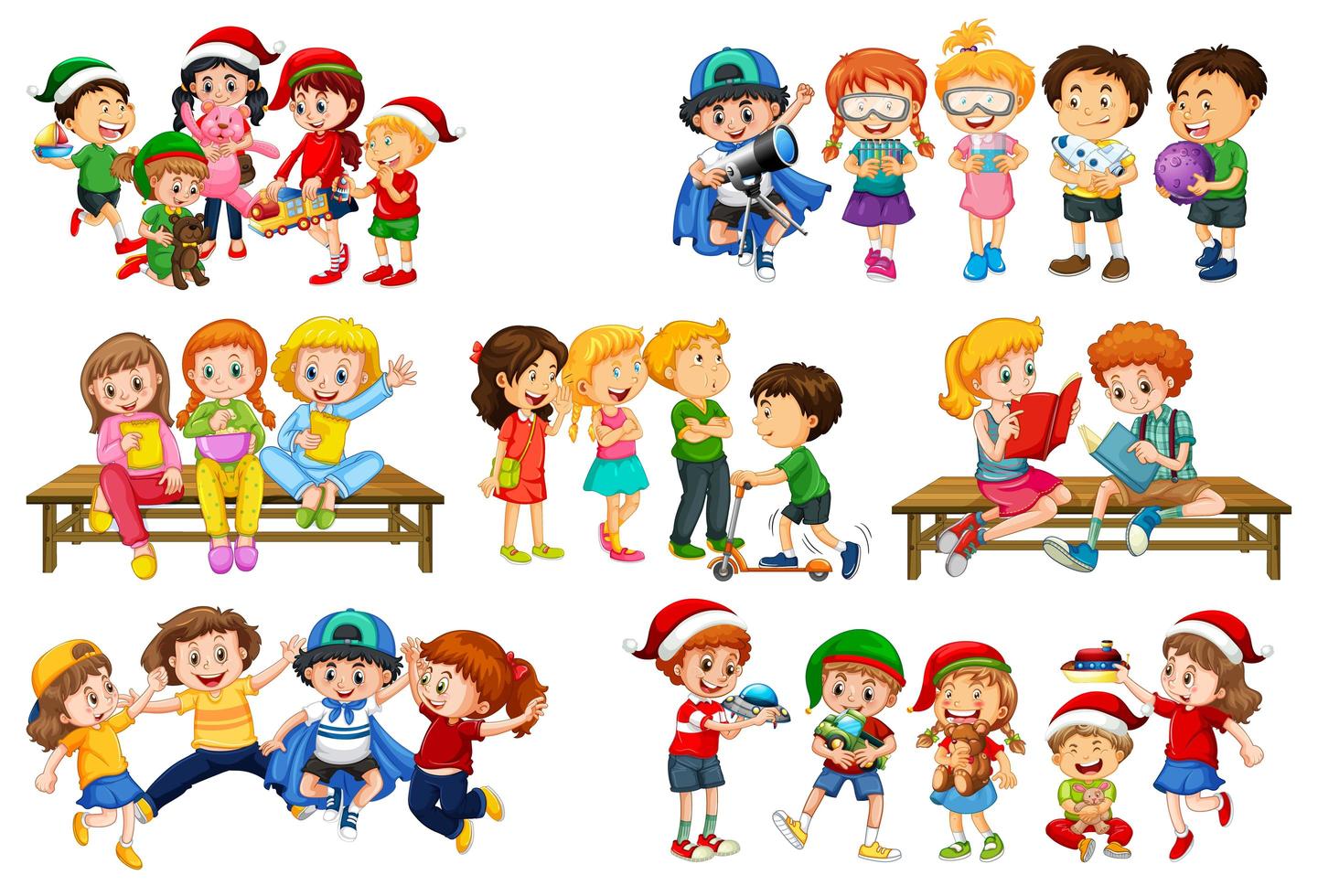 Conjunto de diferentes niños jugando con sus juguetes. vector