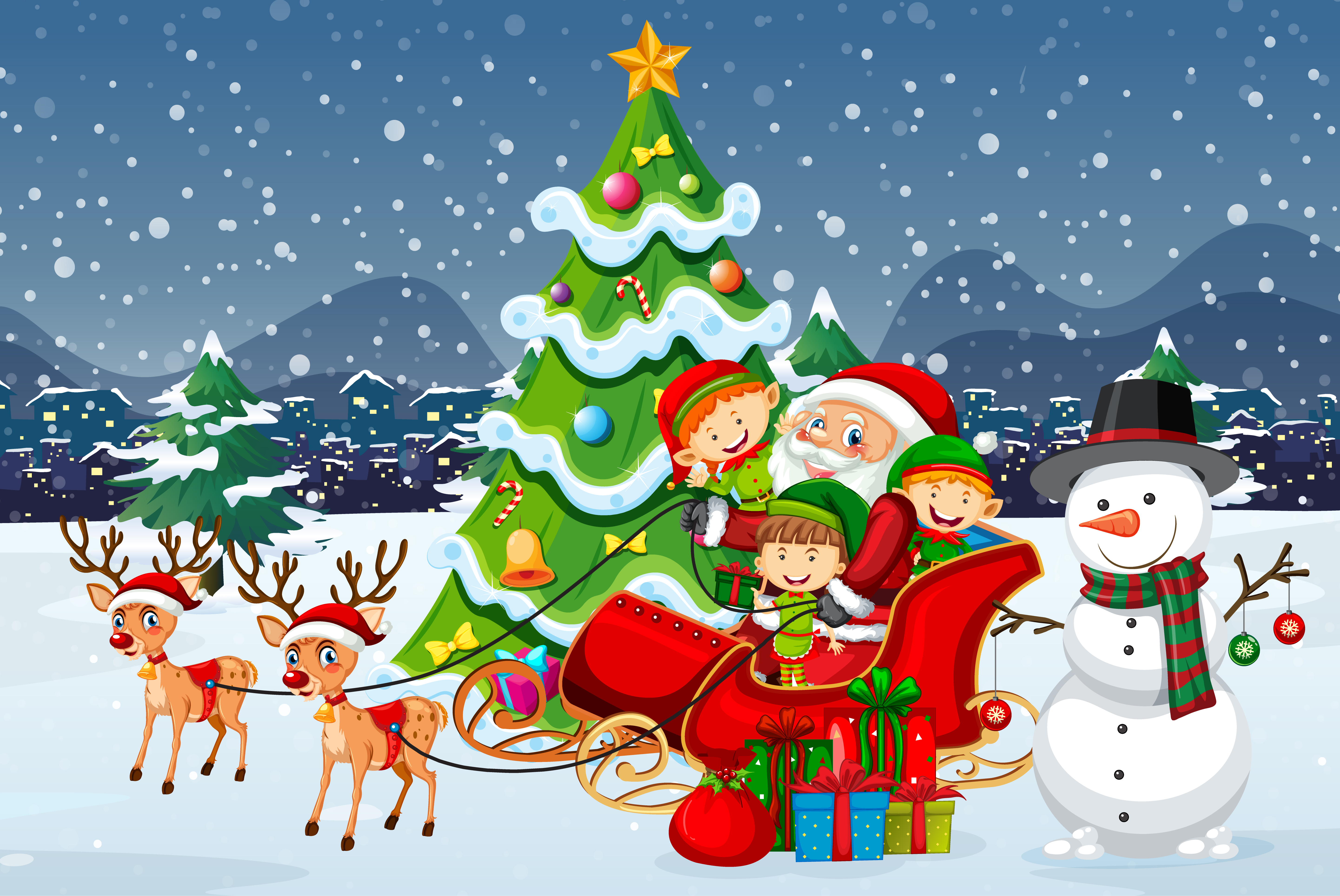 Santa Claus on sleigh with reindeer and many kids 1783988 Vector Art at ...