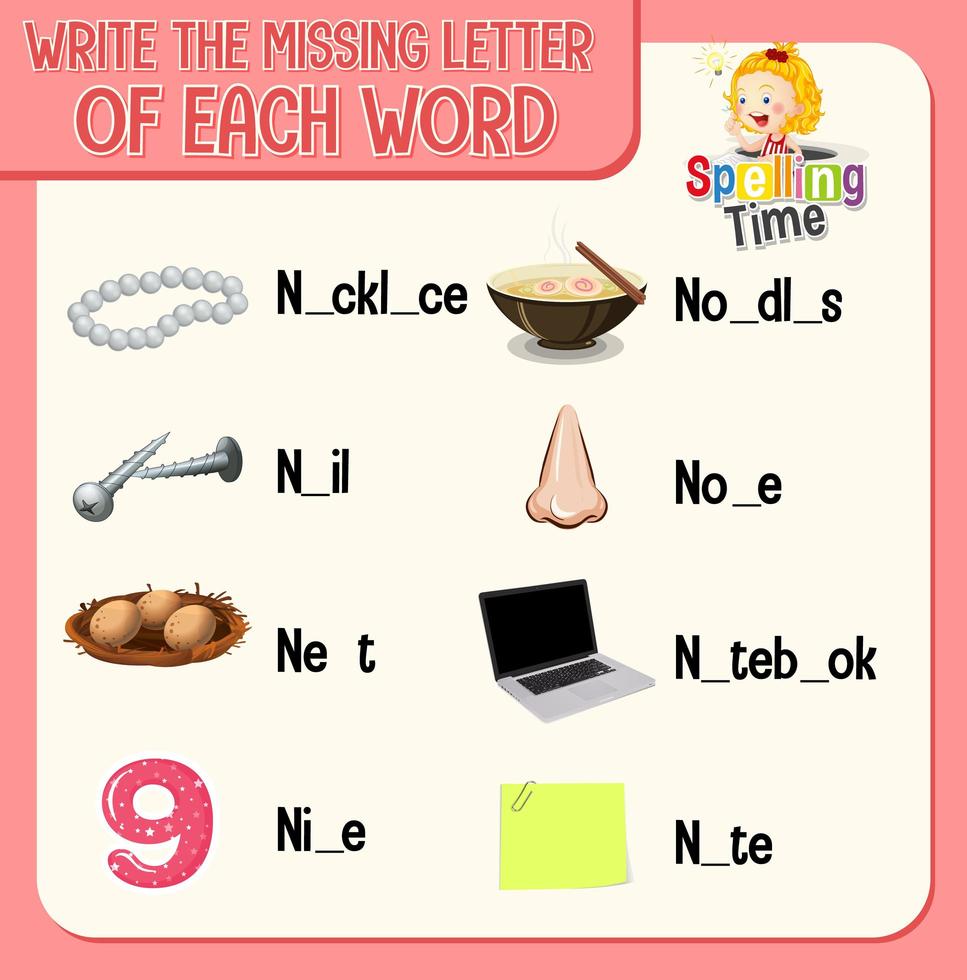 Write the missing letter of each word worksheet for children vector