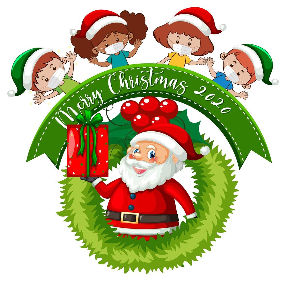 Merry Christmas banner with children wearing mask vector