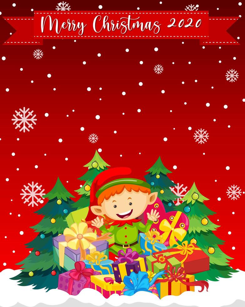 Merry Christmas 2020 font with cute elf cartoon character vector