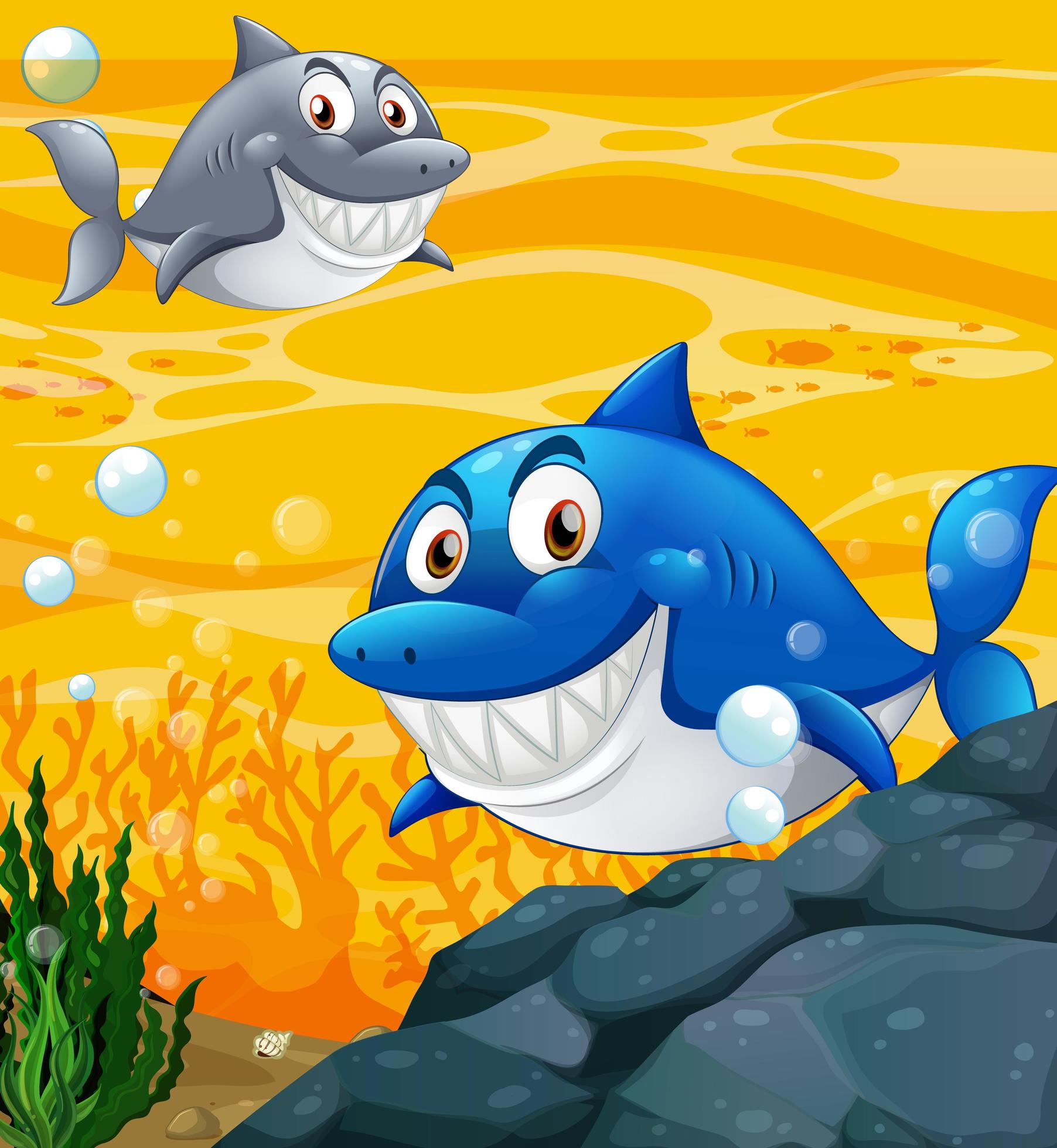 Many sharks cartoon character in the underwater background 1784001