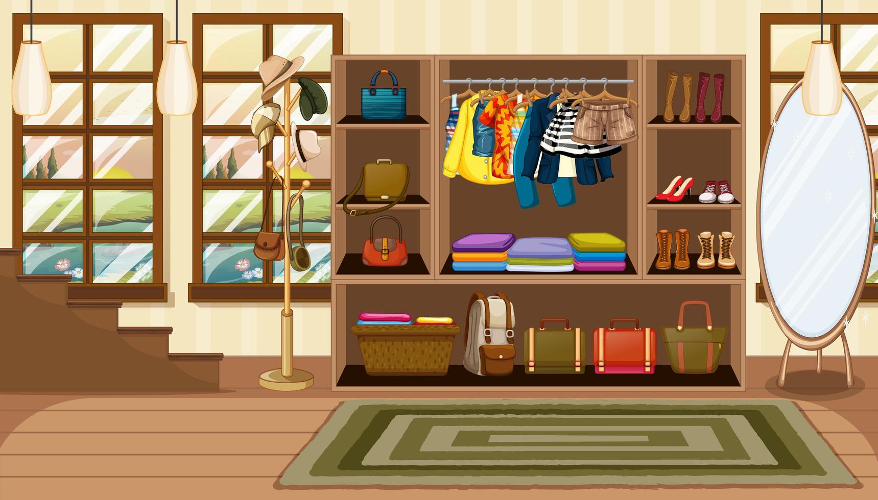 Clothes and accessories in opened wardrobe vector