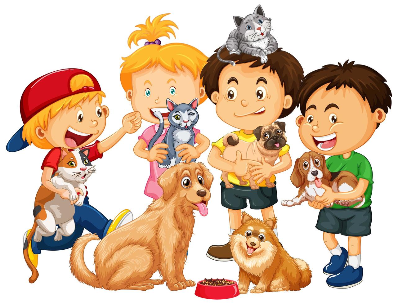 niños jugando con perros y gatos. vector