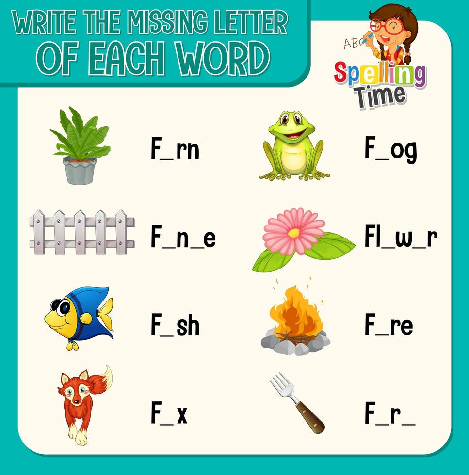 Write the missing letter of each word worksheet for children vector