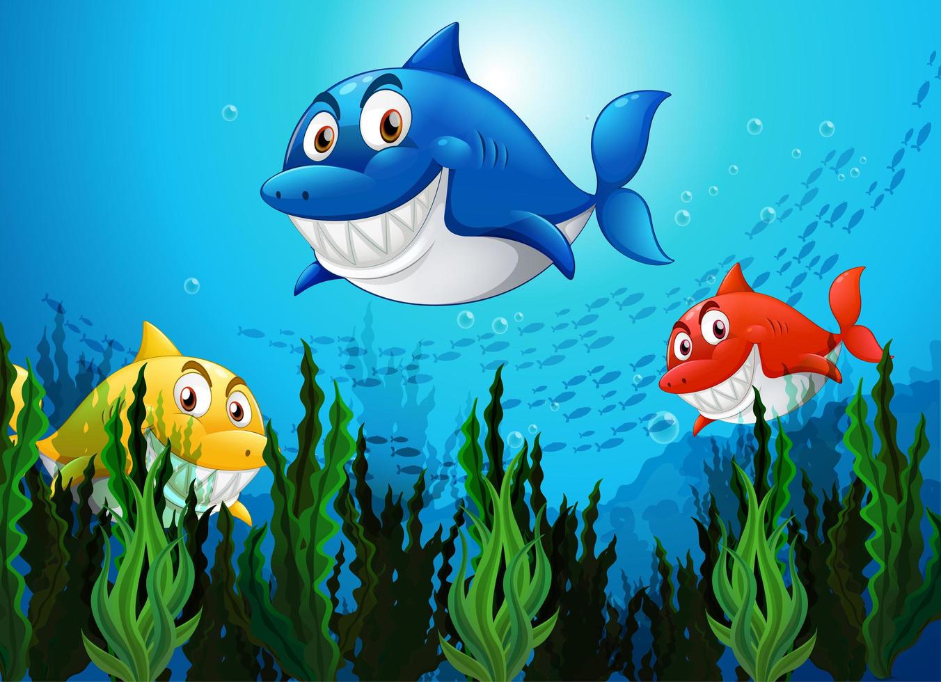 Many sharks in the underwater background vector