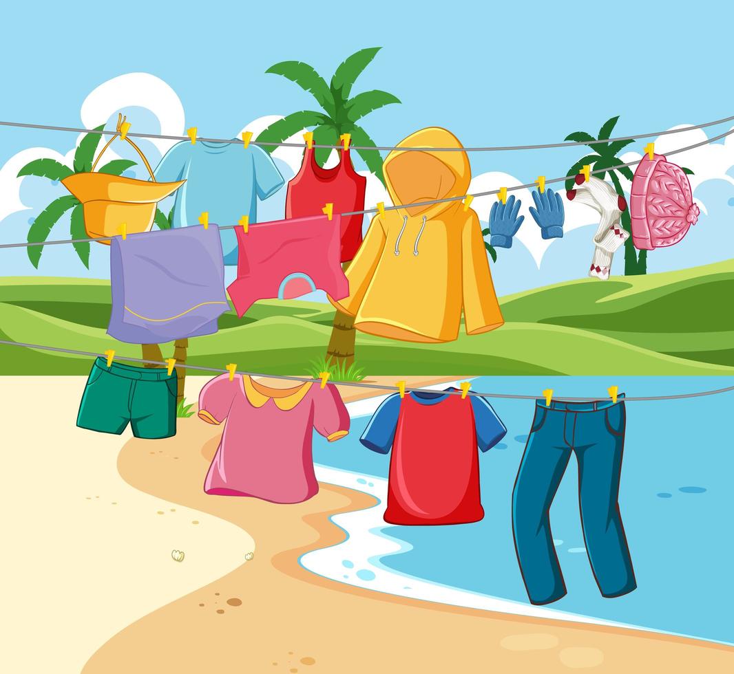Mucha ropa tendida en una línea en la escena de la playa. vector