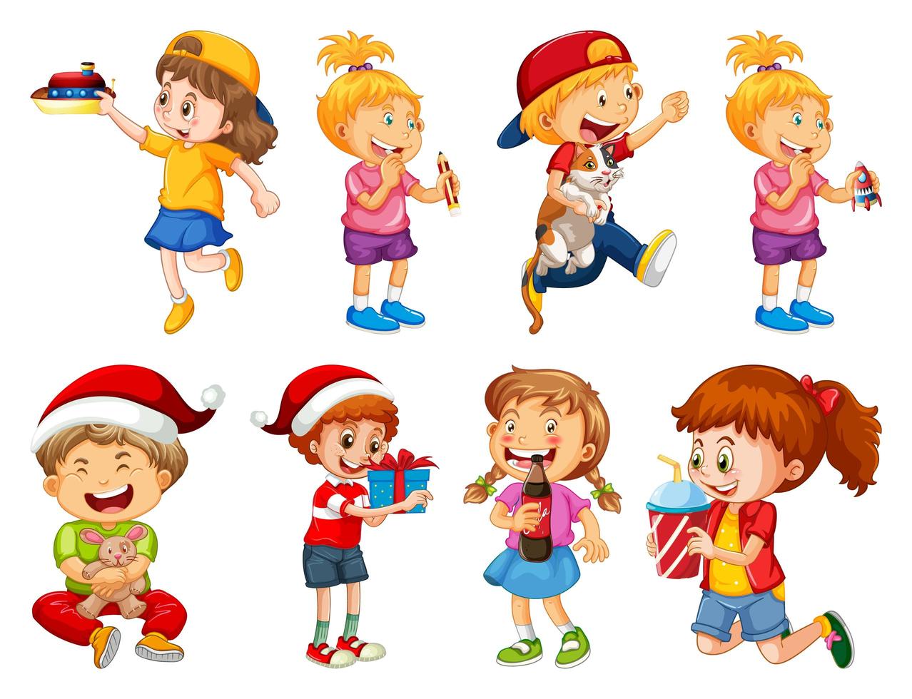 Conjunto de diferentes niños jugando con sus juguetes. vector