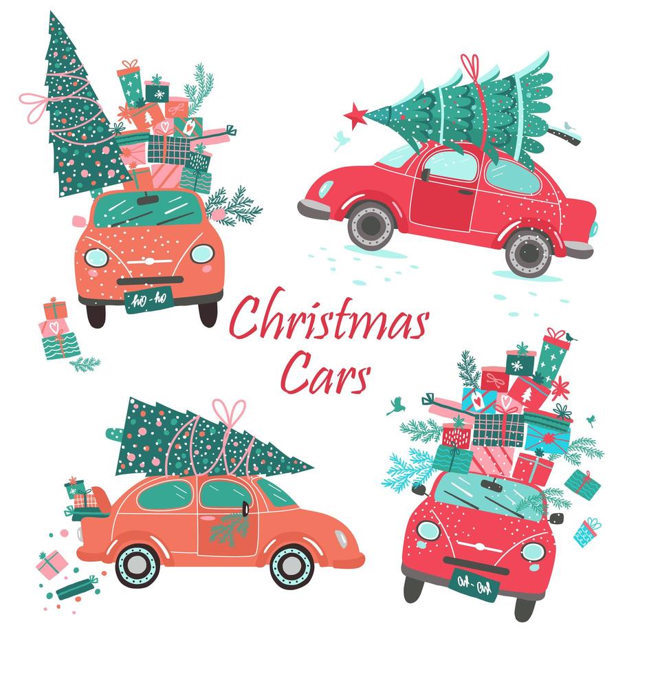 Vector Christmas cars set with tree and gifts