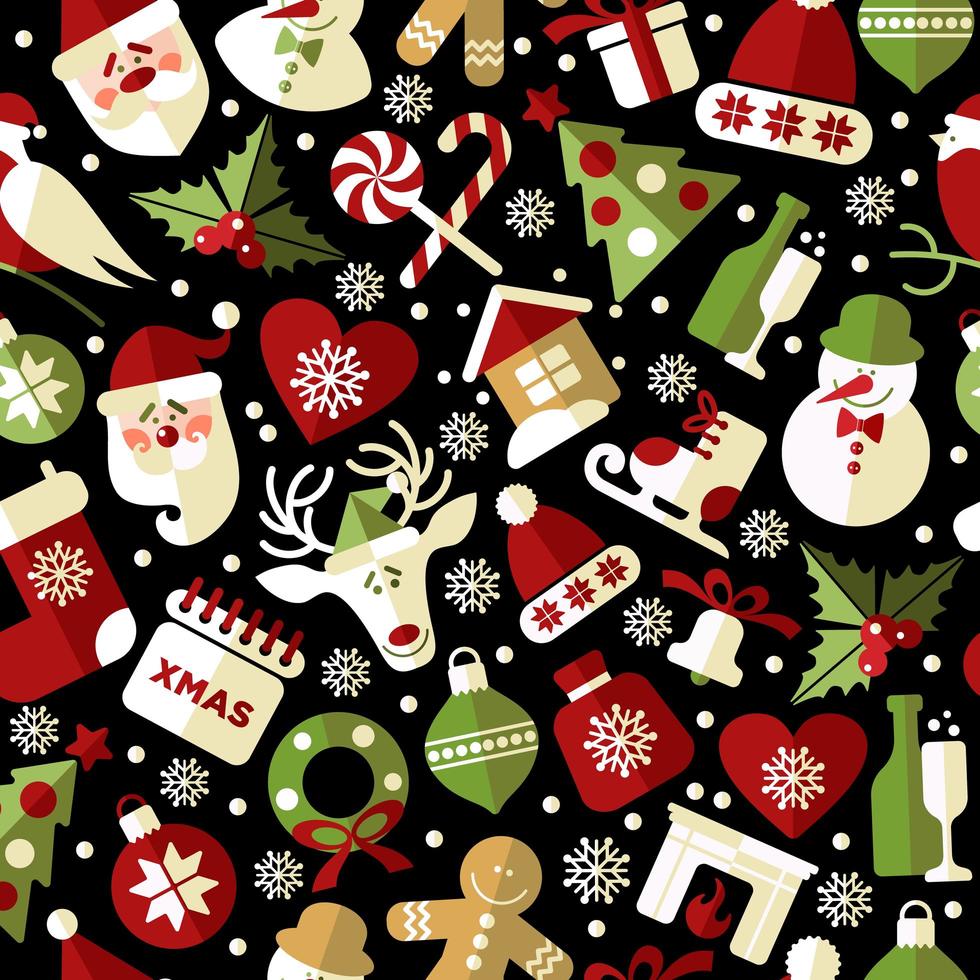 Christmas seamless pattern of icons on black background vector