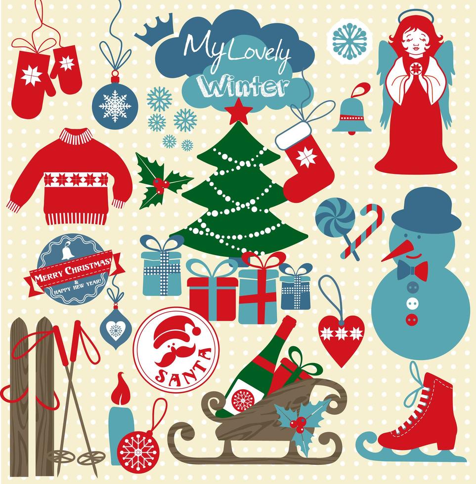Christmas icon set. Retro style of cute icons. vector