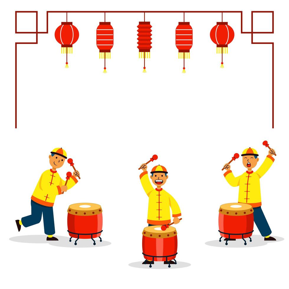 Drumming Three Boys For Chinese Lion Dance vector