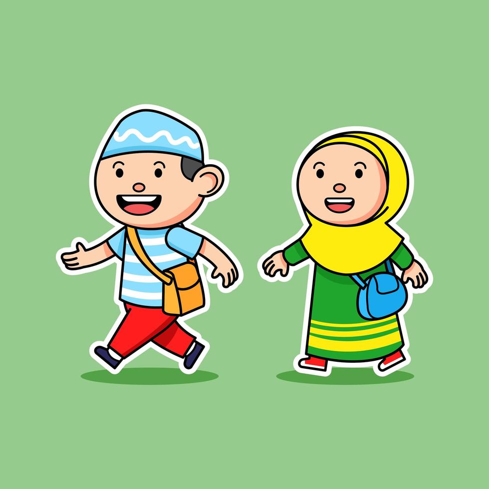 Comical Boy And Girl Moslem Student Walking To School vector