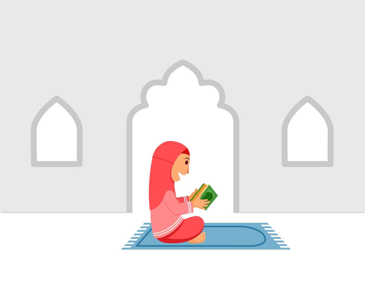niña musulmana leyendo el libro sagrado en la alfombra de oración vector
