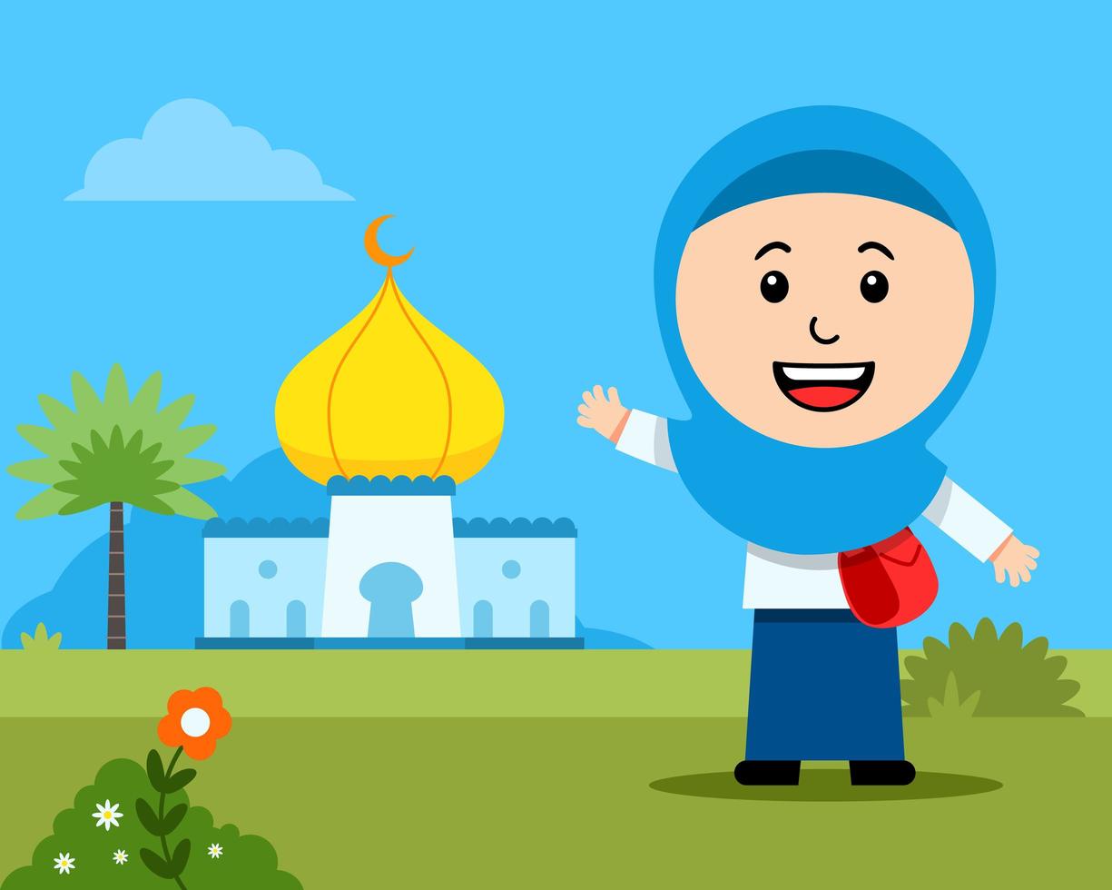 Cheerful Girl Moslem Student In Front Of Mosque vector