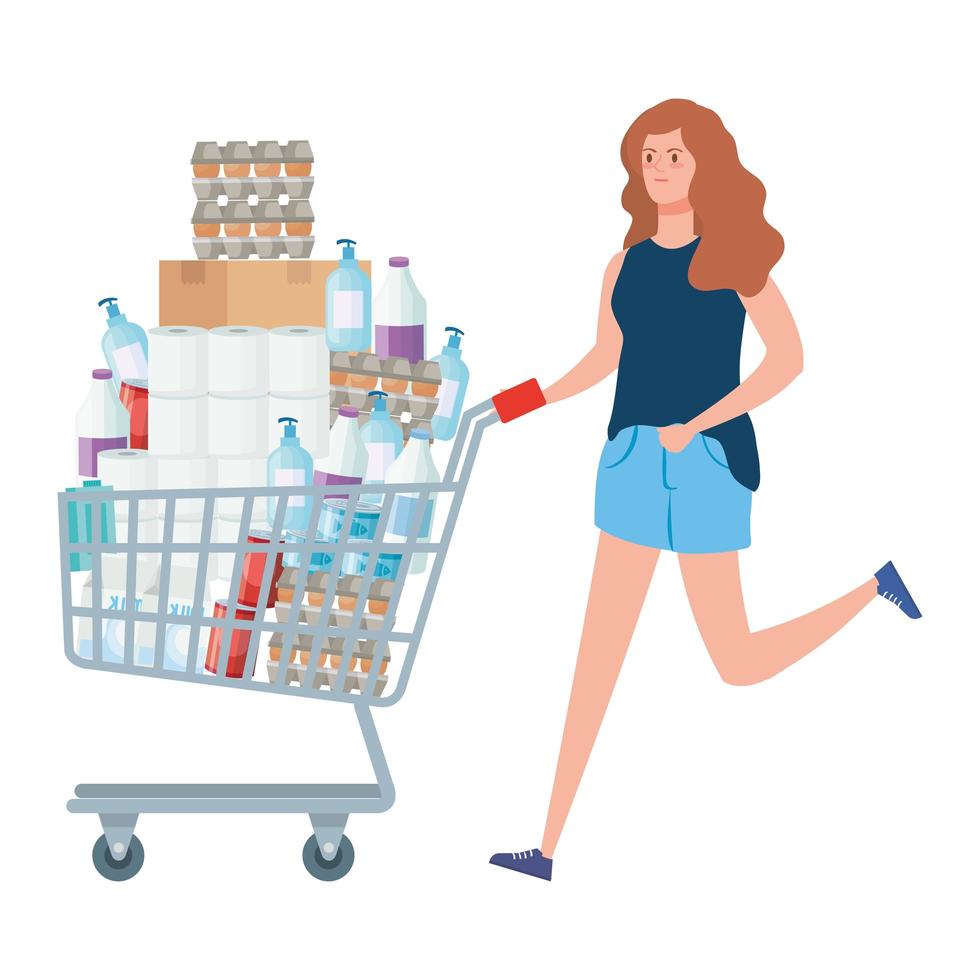 Woman with shopping cart full of groceries vector