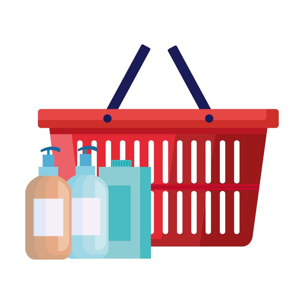 Botellas de productos de limpieza con cesta de la compra. vector