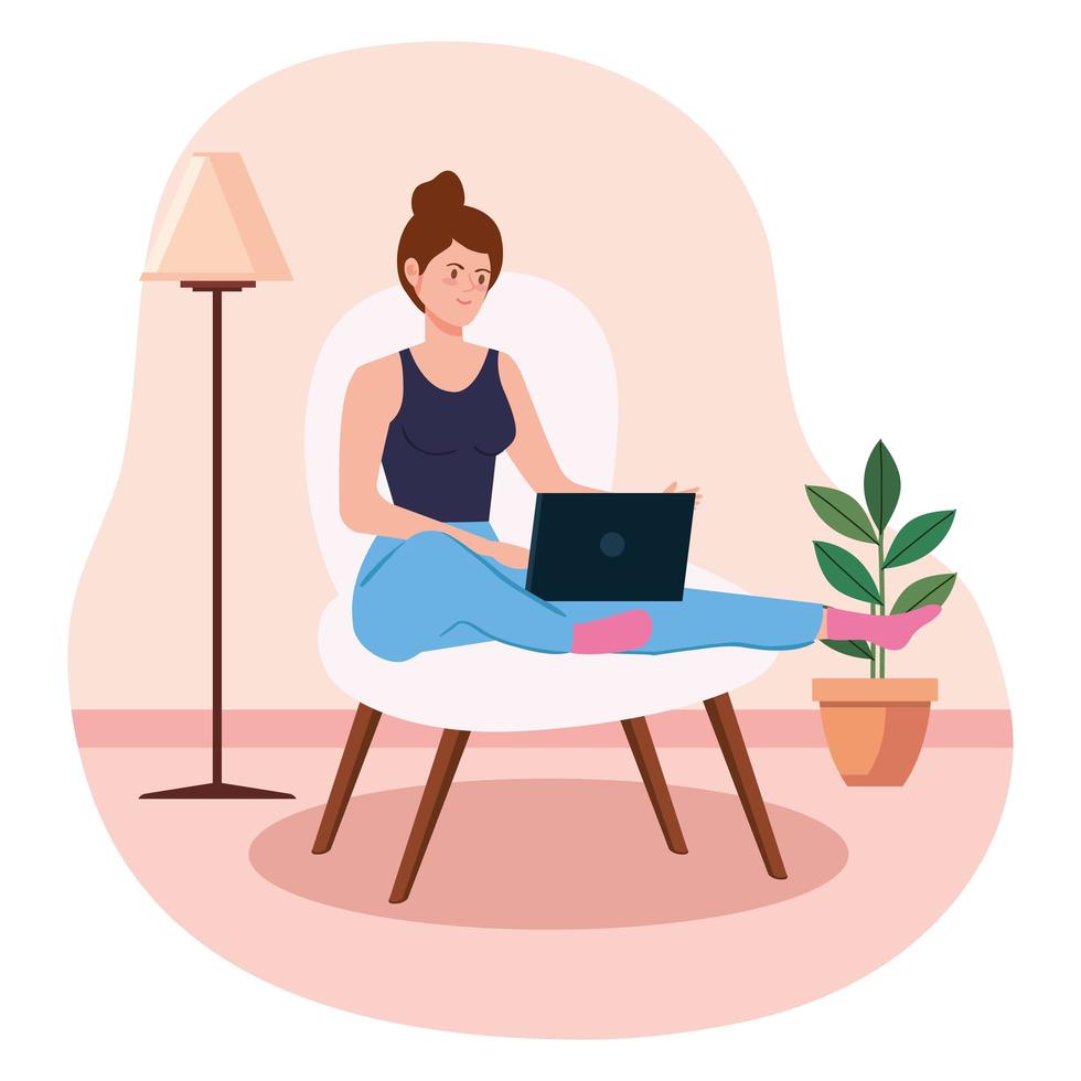 woman working and sitting on a chair with laptop vector