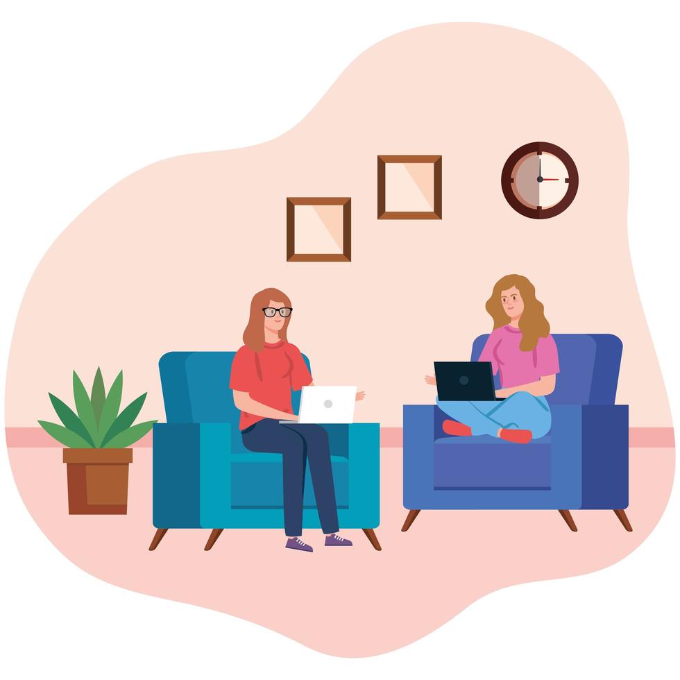 Women working and sitting on a chair with laptop vector