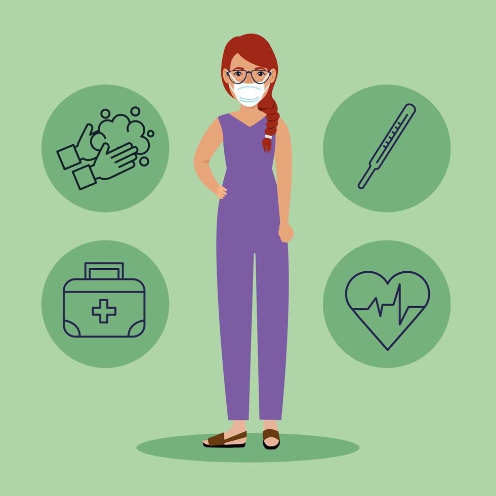woman with a face mask and medical icons vector