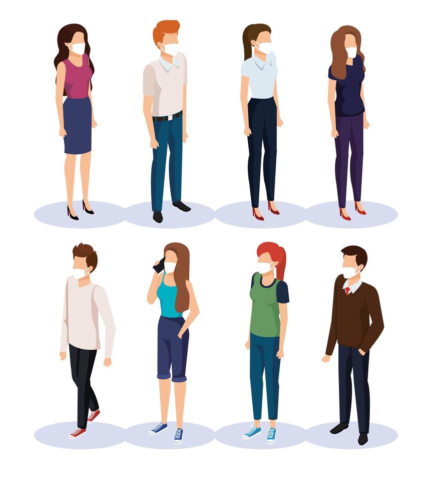 young people with face masks avatar characters vector