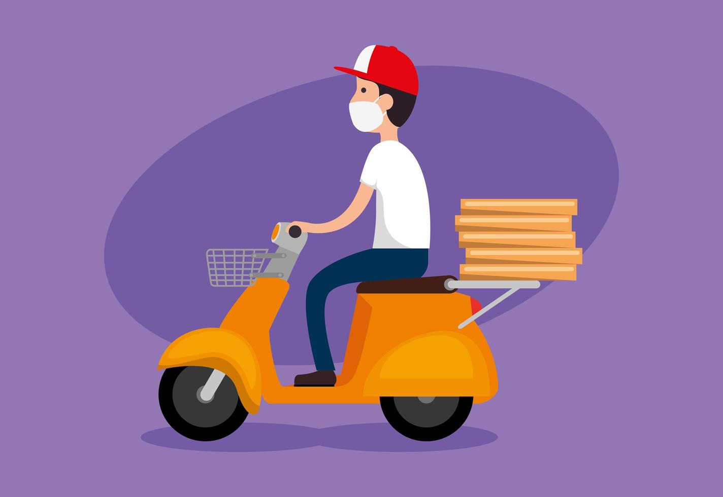 Motorcycle pizza delivery courier with face mask vector