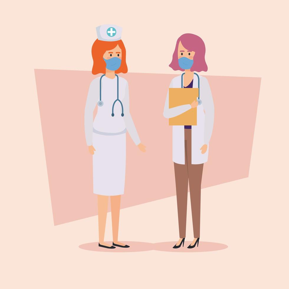 doctor and nurse with face masks vector