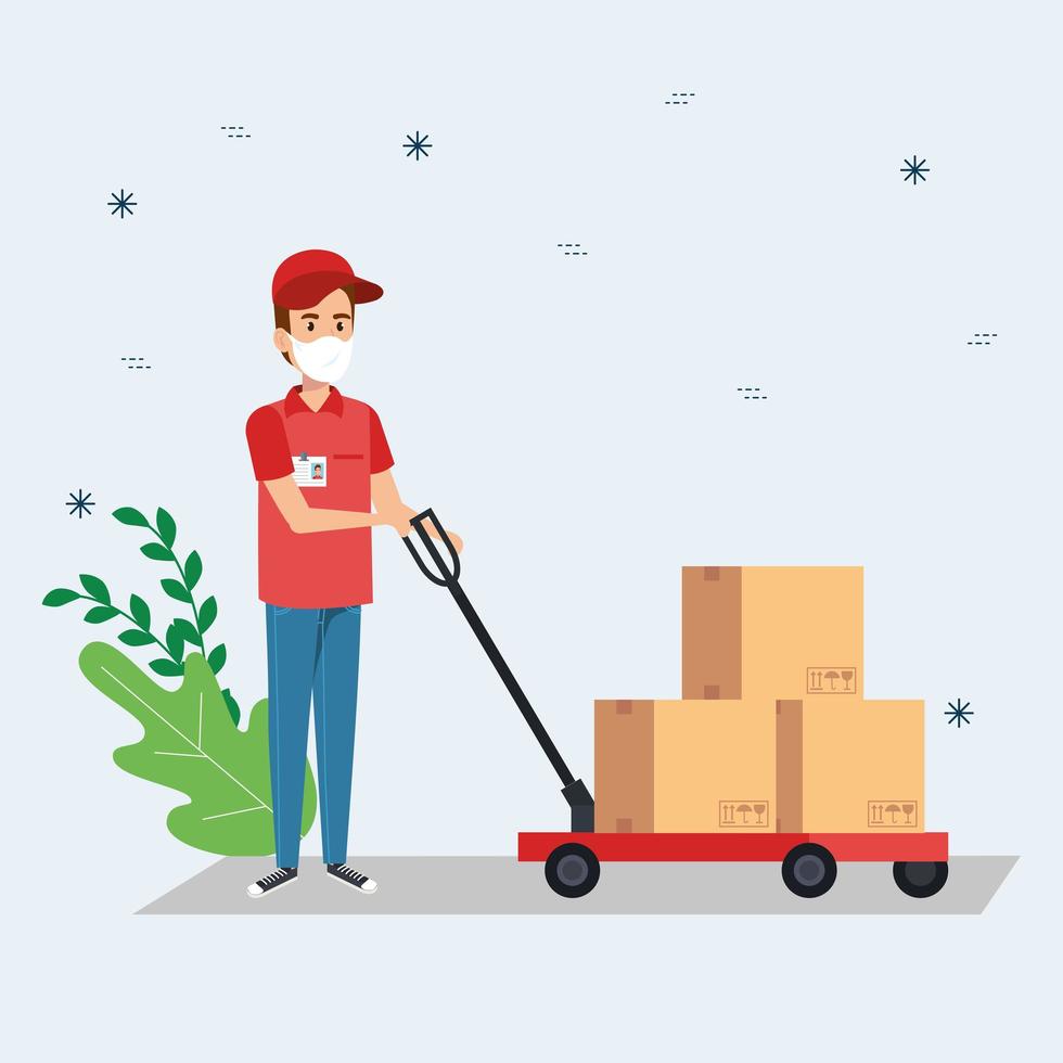 Delivery worker with face mask and packages vector