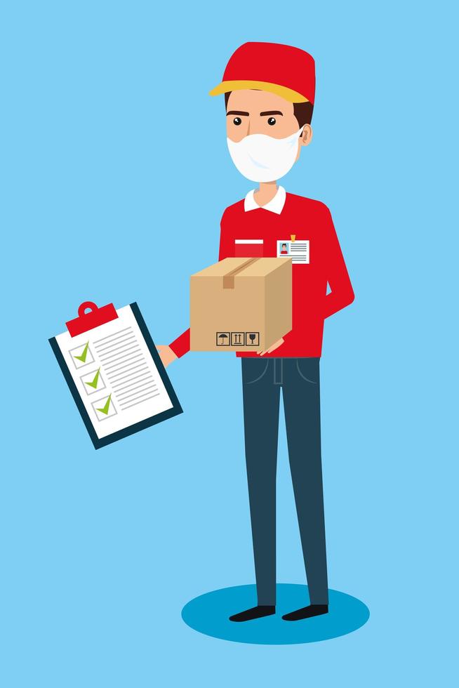 delivery worker wearing a face mask with package and clipboard vector