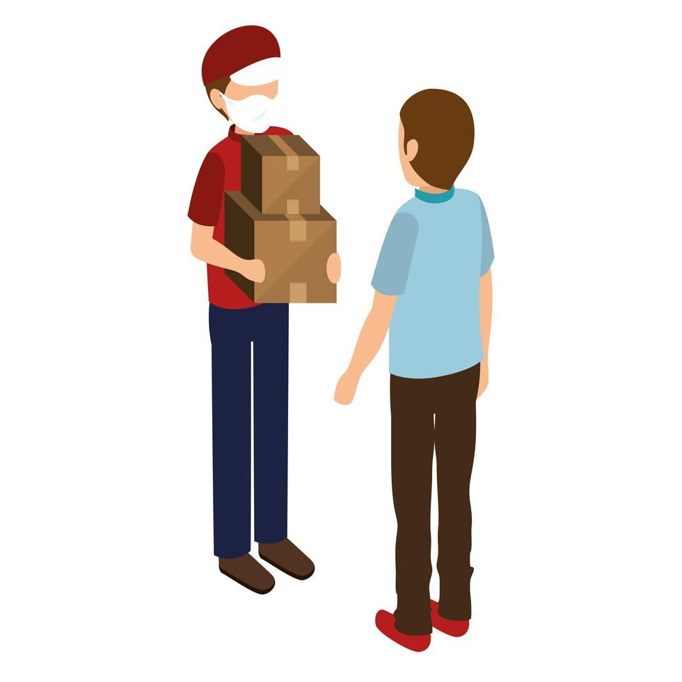 Delivery worker with face mask giving packages to customer vector