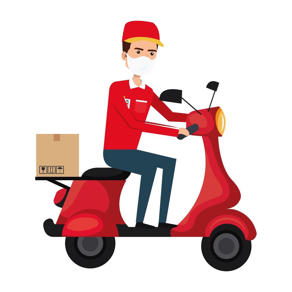 Motorcycle courier with face mask vector