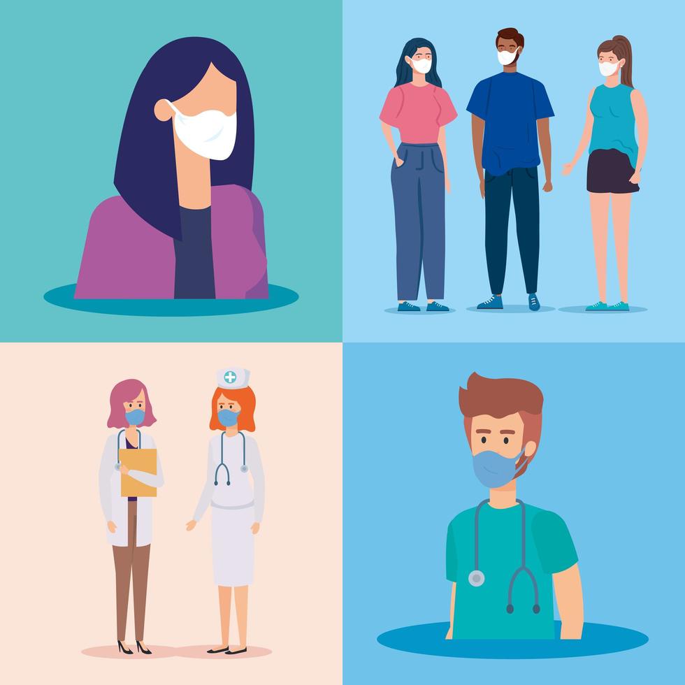 Scenes of people and healthcare professionals with face masks vector