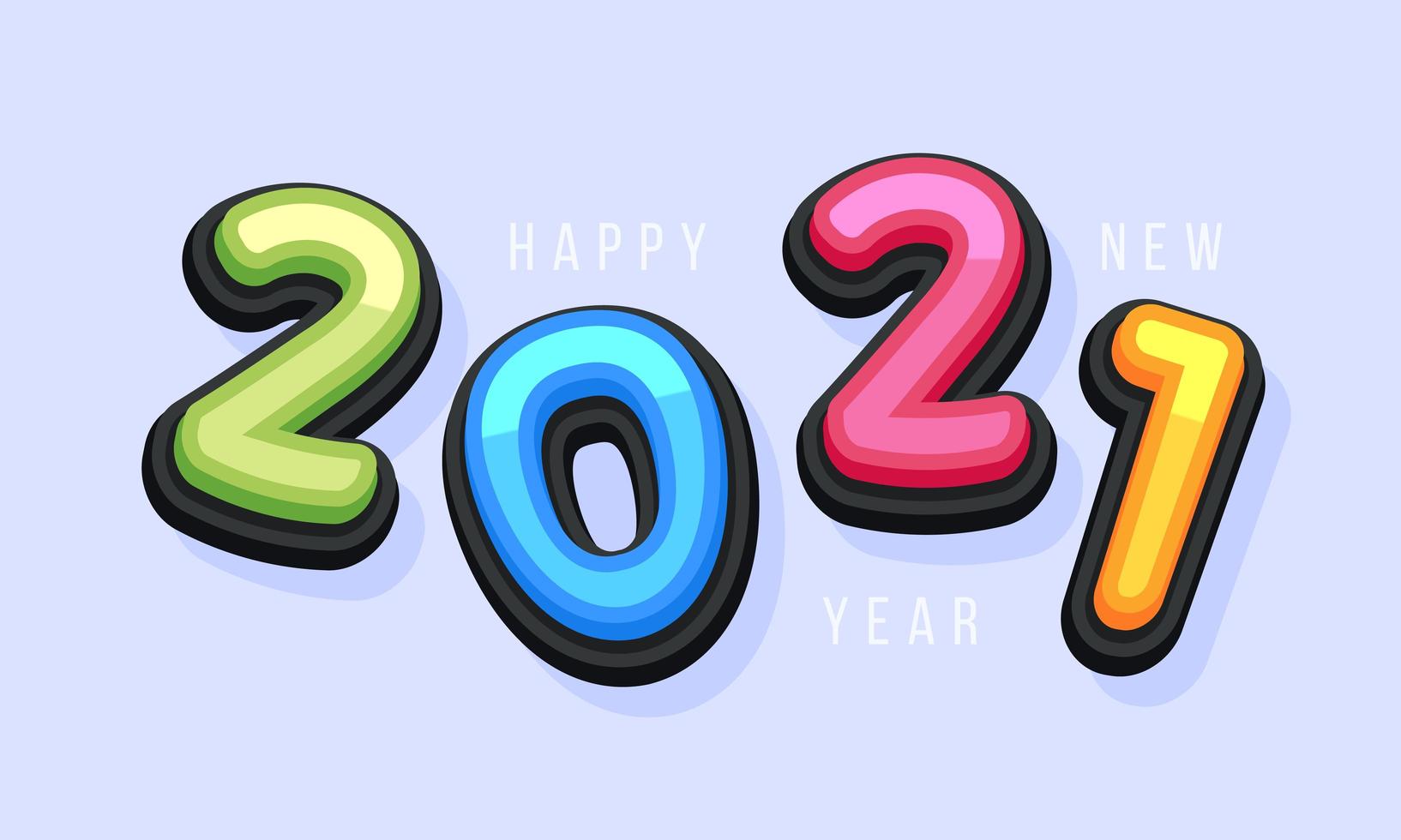 Vector Happy New Year 2021 cute greeting card for Children. Funny Alphabet Letters, Numbers, Symbols. Multicolored Font contains Graphic Style