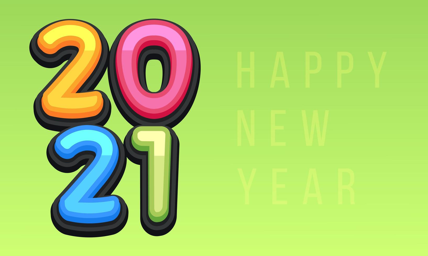 Vector Happy New Year 2021 cute greeting card for Children. Funny Alphabet Letters, Numbers, Symbols. Multicolored Font contains Graphic Style on green background