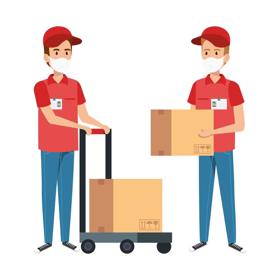 delivery workers wearing face masks with packages vector