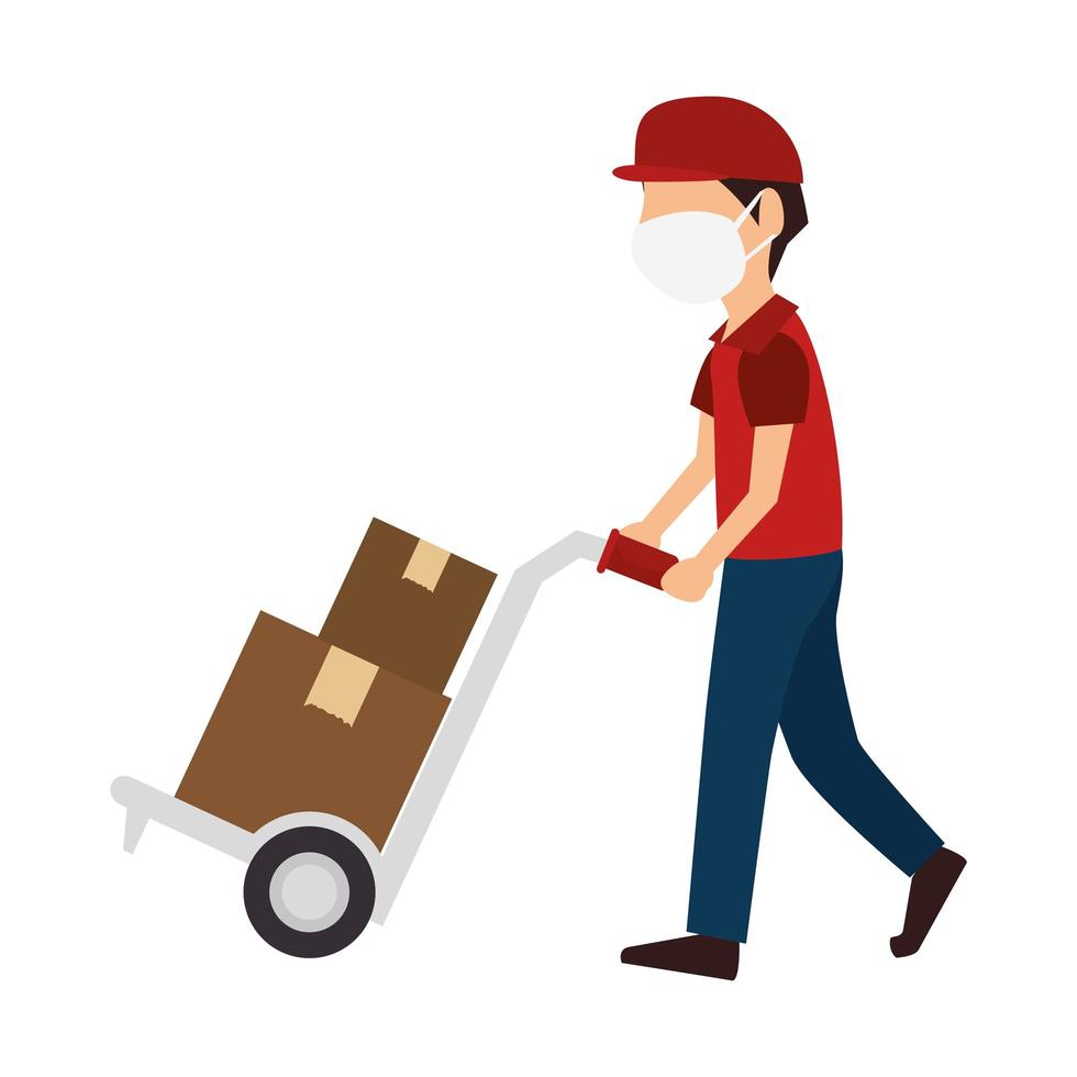 Delivery worker with face mask and packages vector