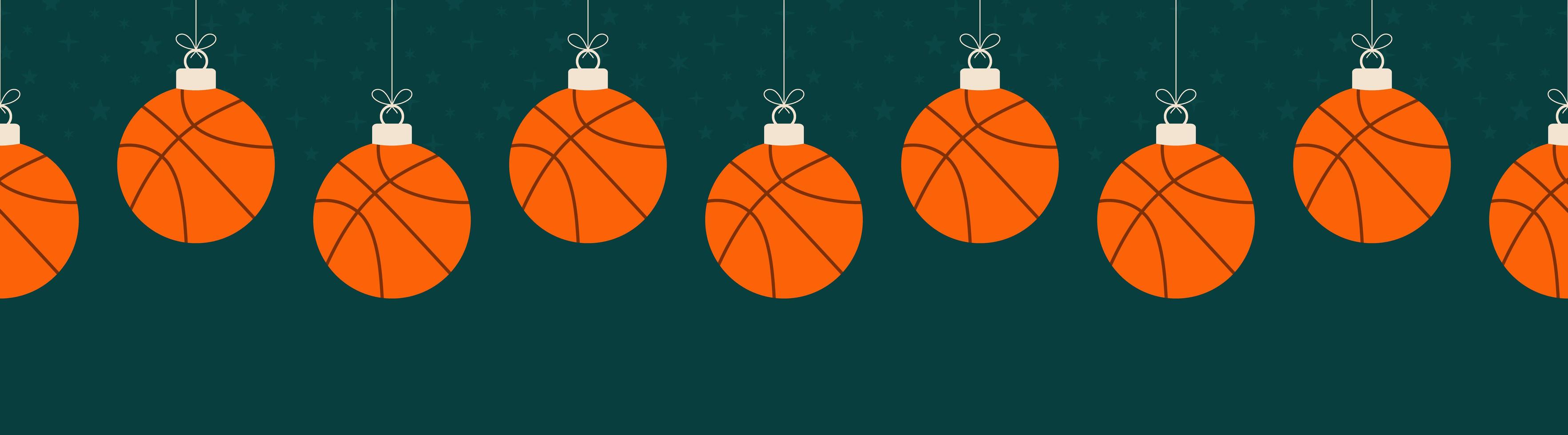 Merry Christmas basketball seamless horizontal pattern. Hang on a thread flat cartoon basketball ball as a Christmas ball on green horizontal background. Sport Vector illustration.