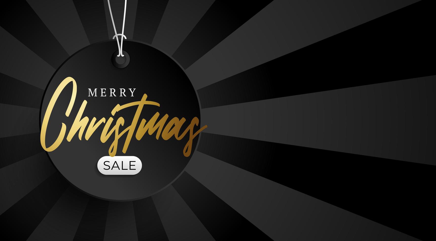 Merry Christmas Golden sale banner. Round price tag hanging on a thread on a black luxury background with empty space for text vector