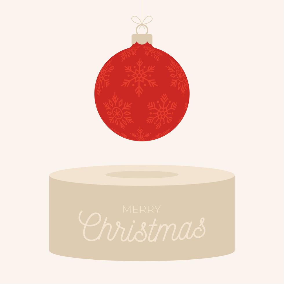 Christmas square greeting card banner with tree ball and pedestal. Holiday vector illustration with flat cartoon ornate colorful Christmas ball on white background.