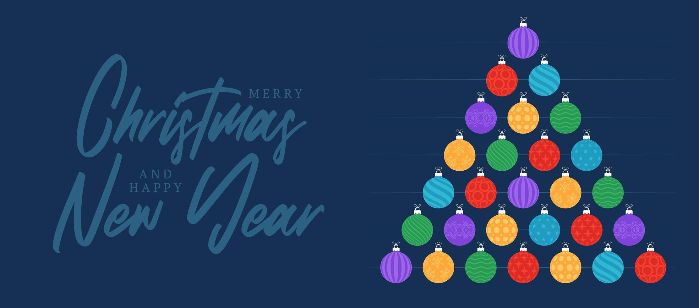 Christmas and new year greeting flat cartoon card. Creative Xmas tree made colorful bauble balls on blue background for Christmas and New Year celebration. vector