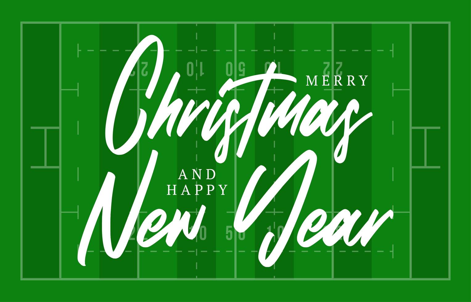 Christmas and new year american football field greeting card with lettering. Creative rugby field background for Christmas and New Year celebration. Sport greeting card vector